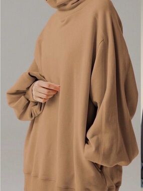 LIT Activewear Whisper Oversized Turtleneck Sweatshirt Tan Puff Sleeve XXL